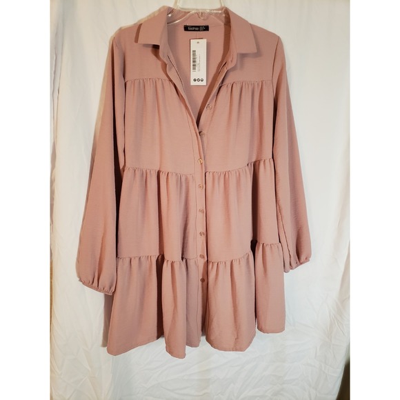Boohoo Dresses & Skirts - Women's Boohoo Pink Tiered Smock Shirt Dress Size 6